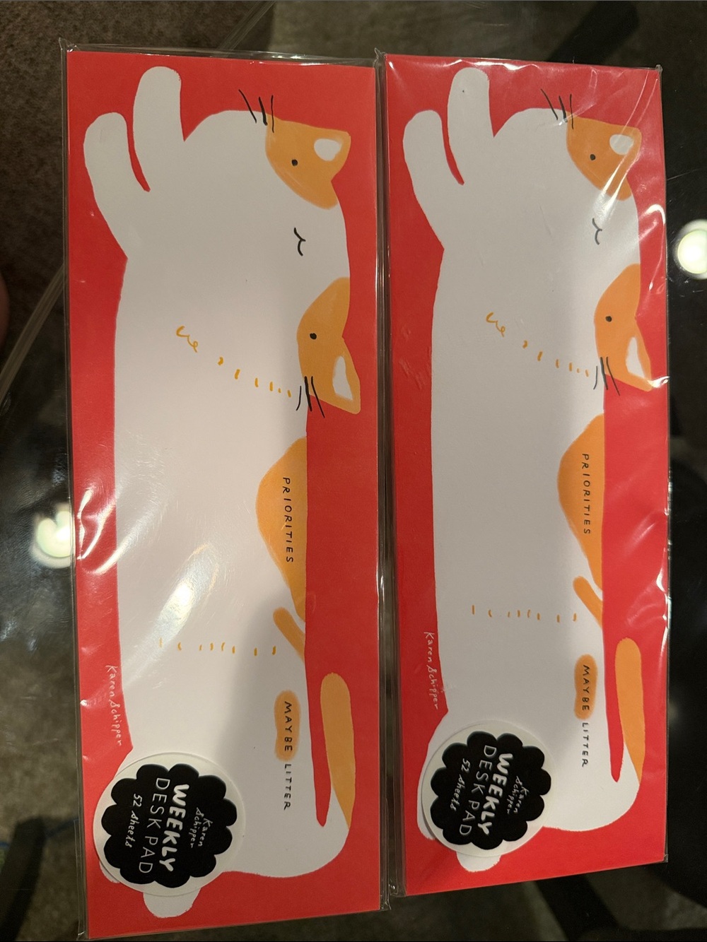 TWO Cat Weekly Desk Pad - Red & White 52 sheets
